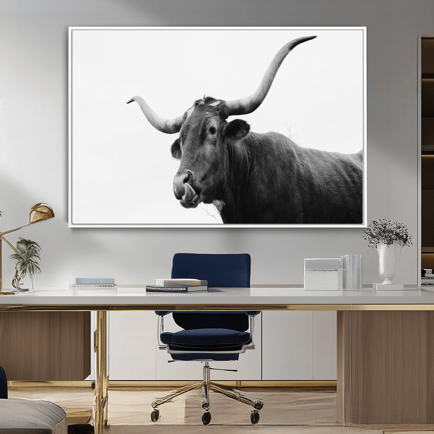 Black and white photo of a Texas Longhorn cow with curved horns, ideal for rustic, western or minimalist style home decor.