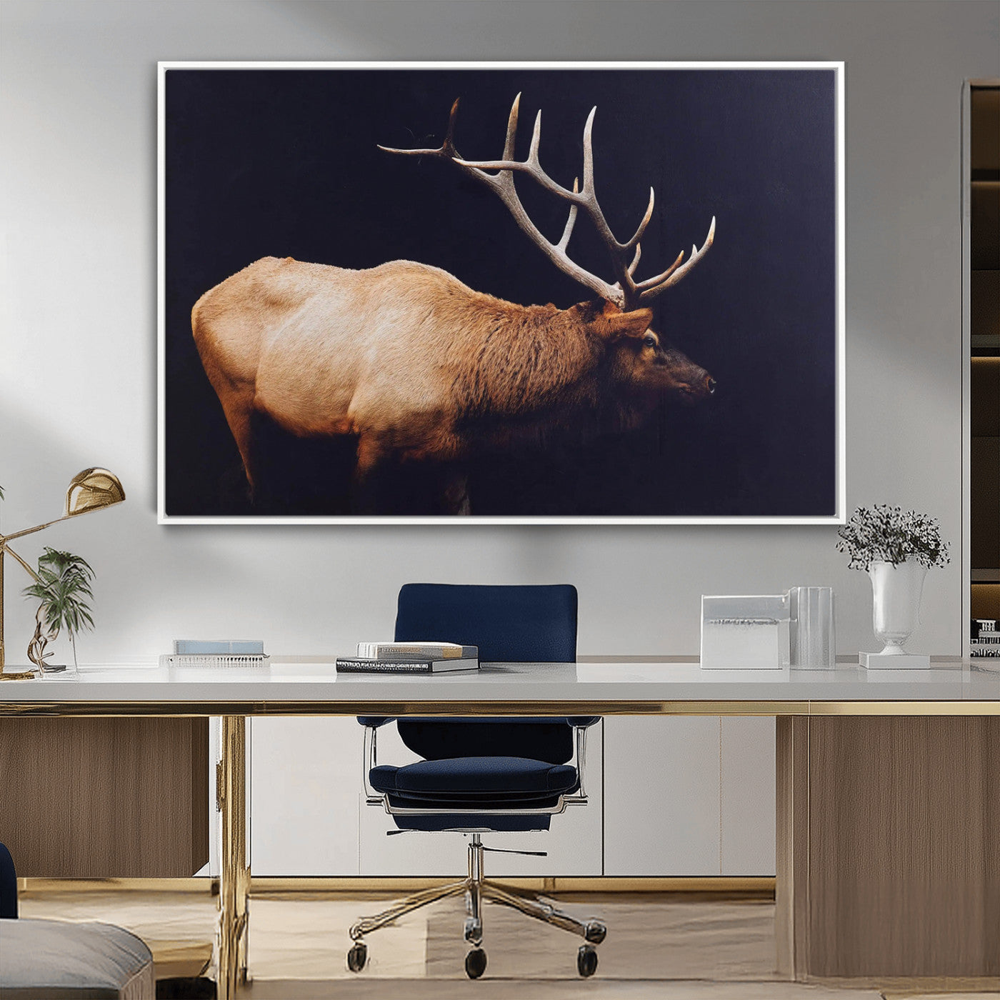 Side profile of an elk with large antlers on dark background, creating a bold rustic statement for cabin or Western-themed decor.