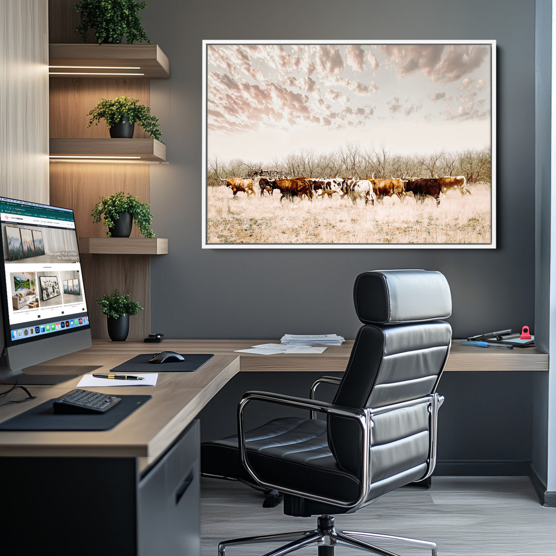 Longhorn Cattle Wall Art Canvas Print, Texas Ranch Print, Framed Western Cow Art Print, Large Prairie Landscape Printing Perfect for Western Decor