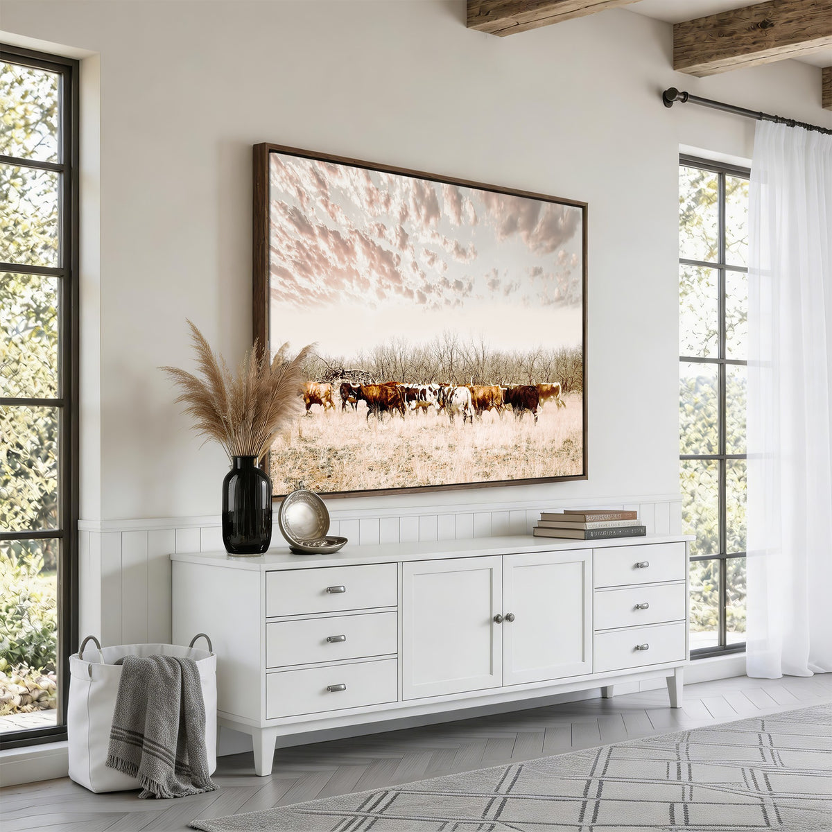 64892775-MGV-CV-24X16 - Longhorn Cattle Wall Art Canvas Print, Framed Texas Ranch Art, Western Cow Print, Prairie Landscape Decor