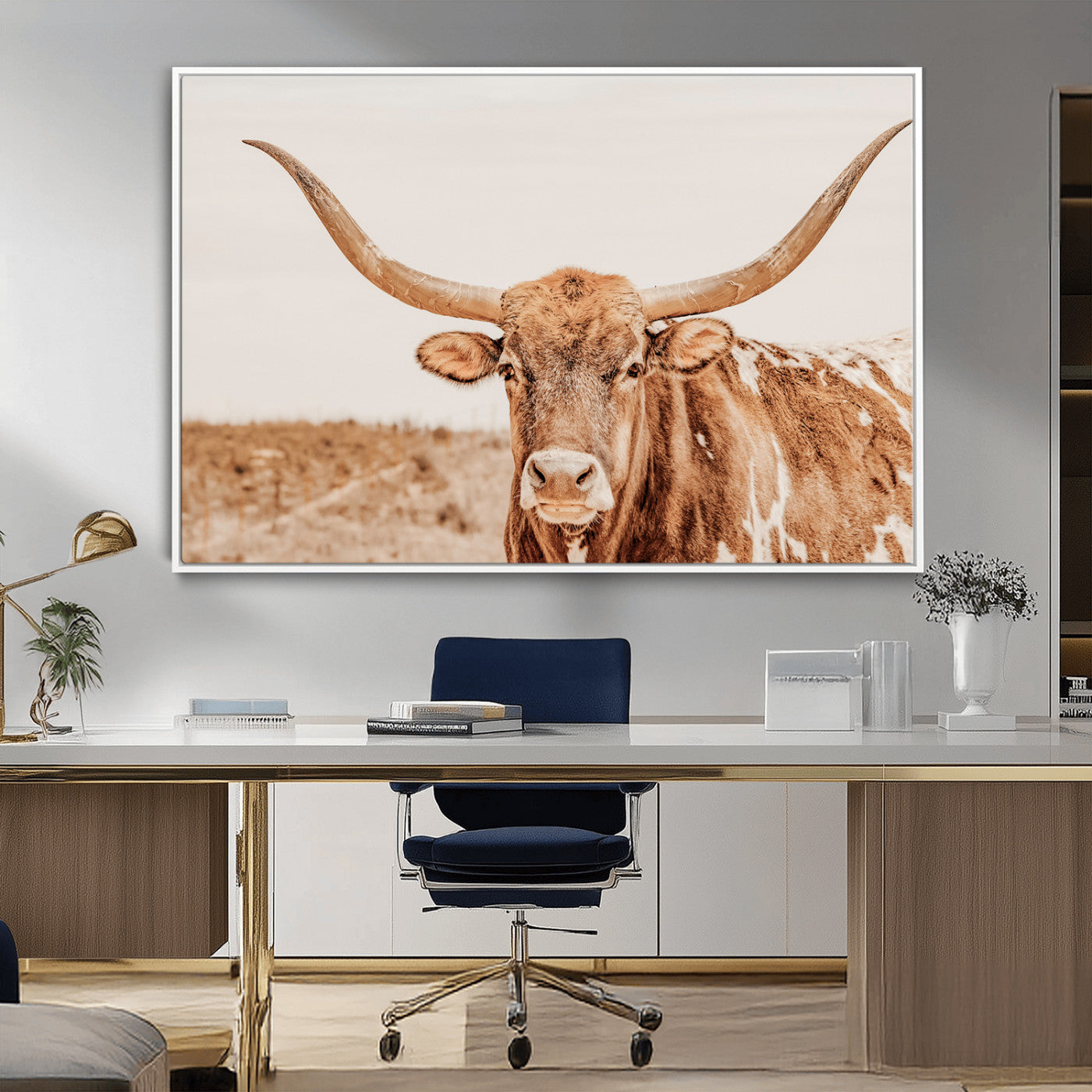 Sepia-toned Texas Longhorn facing forward in a dry field, perfect for rustic farmhouse or western-themed neutral home decor.
