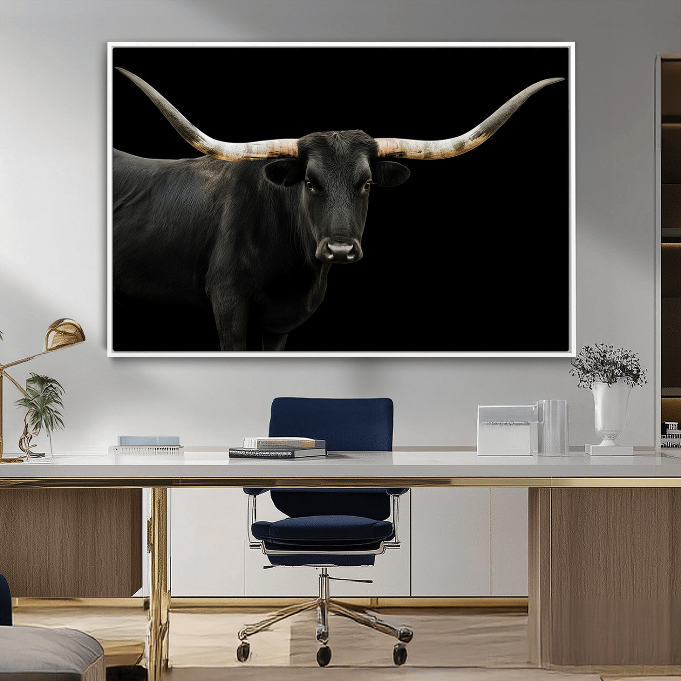 MGV-FC-36X24 - Longhorn Cattle Wall Art Canvas Print, Framed Texas Ranch Art Picture Print, Western Cow Perfect Farmhouse Decor Artwork