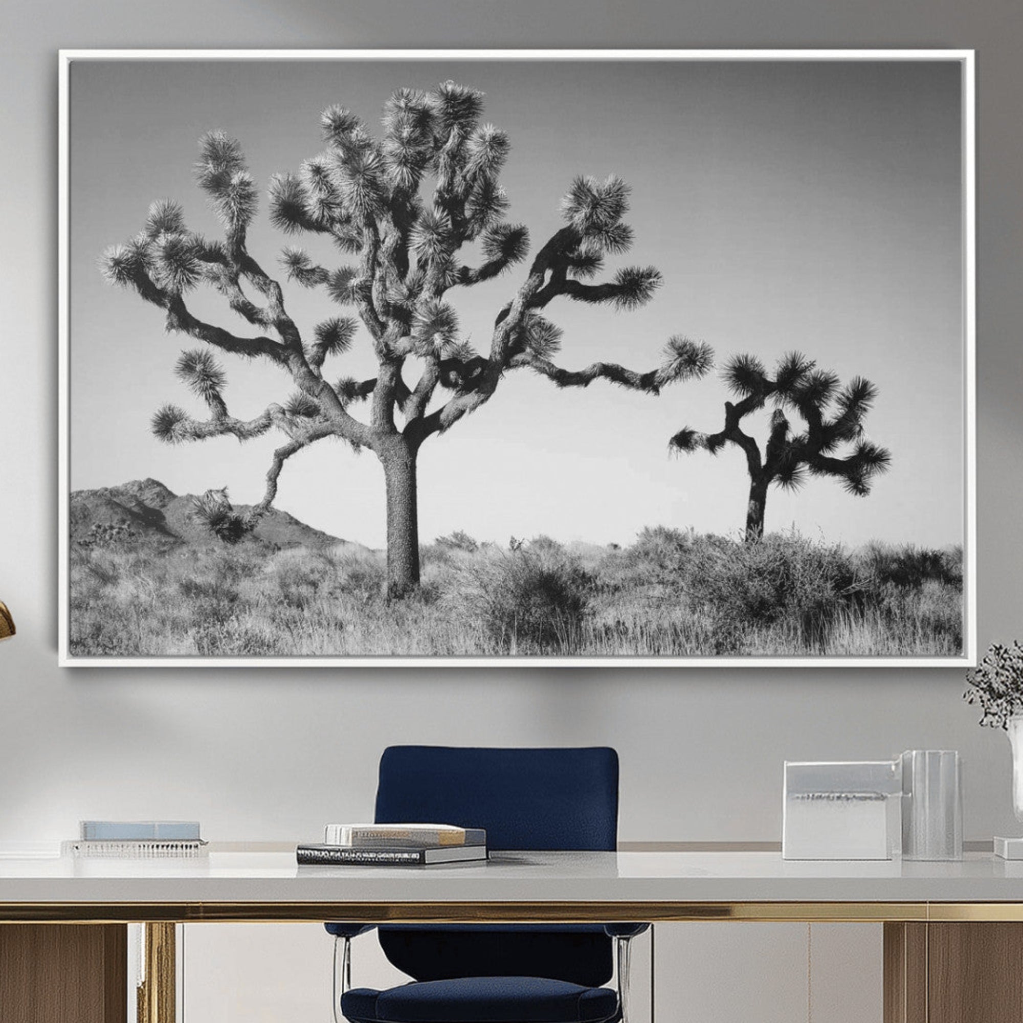 87750525-MGV-CV-36X24-Joshua Tree Wall Art Canvas Print – Framed Desert Tree Art Picture Black White Artwork for Home, Office, Living Room
