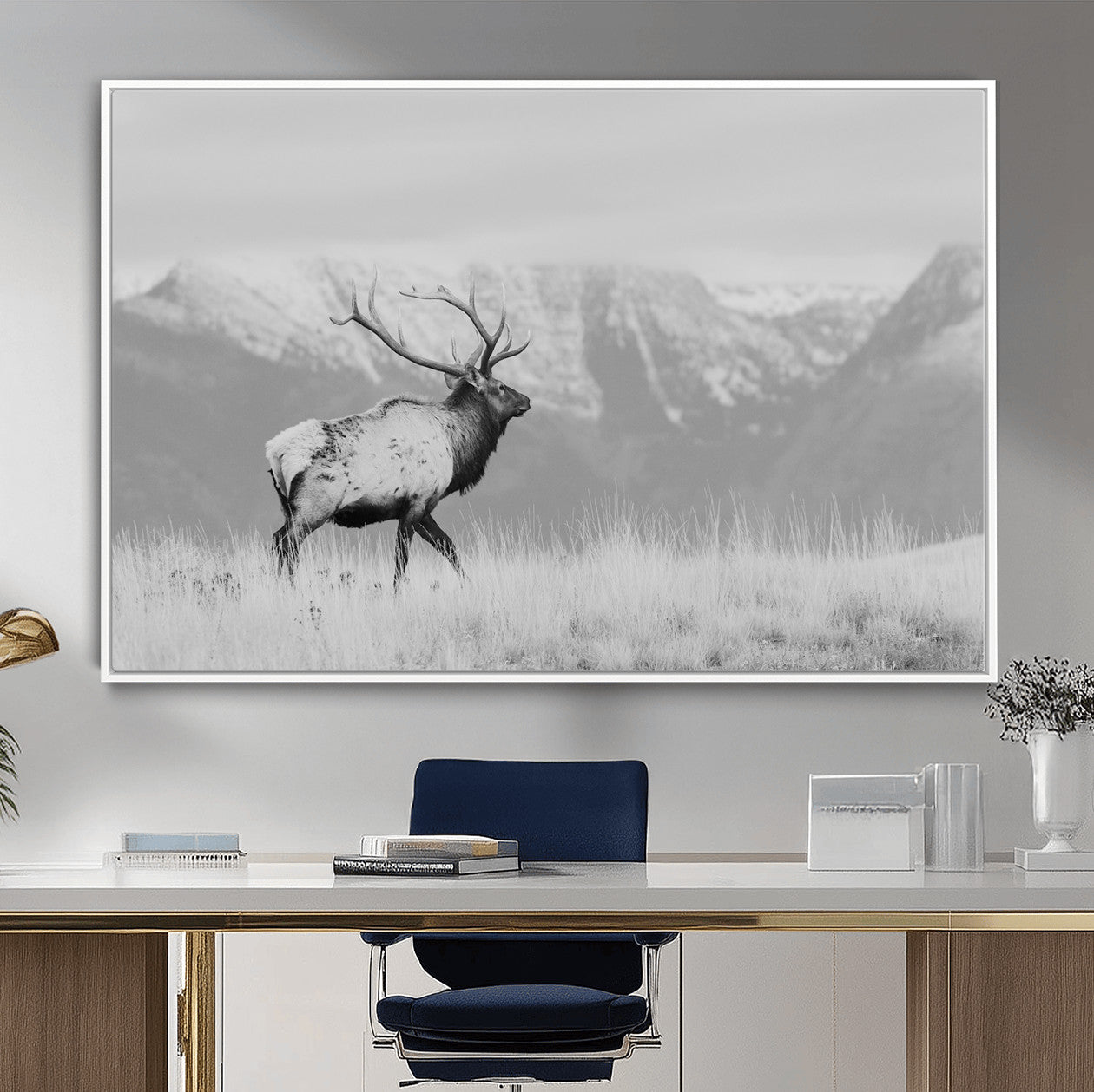 36150391-MGV-FC-36X24 - Wall Art Canvas Print – Majestic Elk Black & White Wilderness, Scenic Mountain and Grassland Landscape, Wildlife Nature Decor for Home or Office