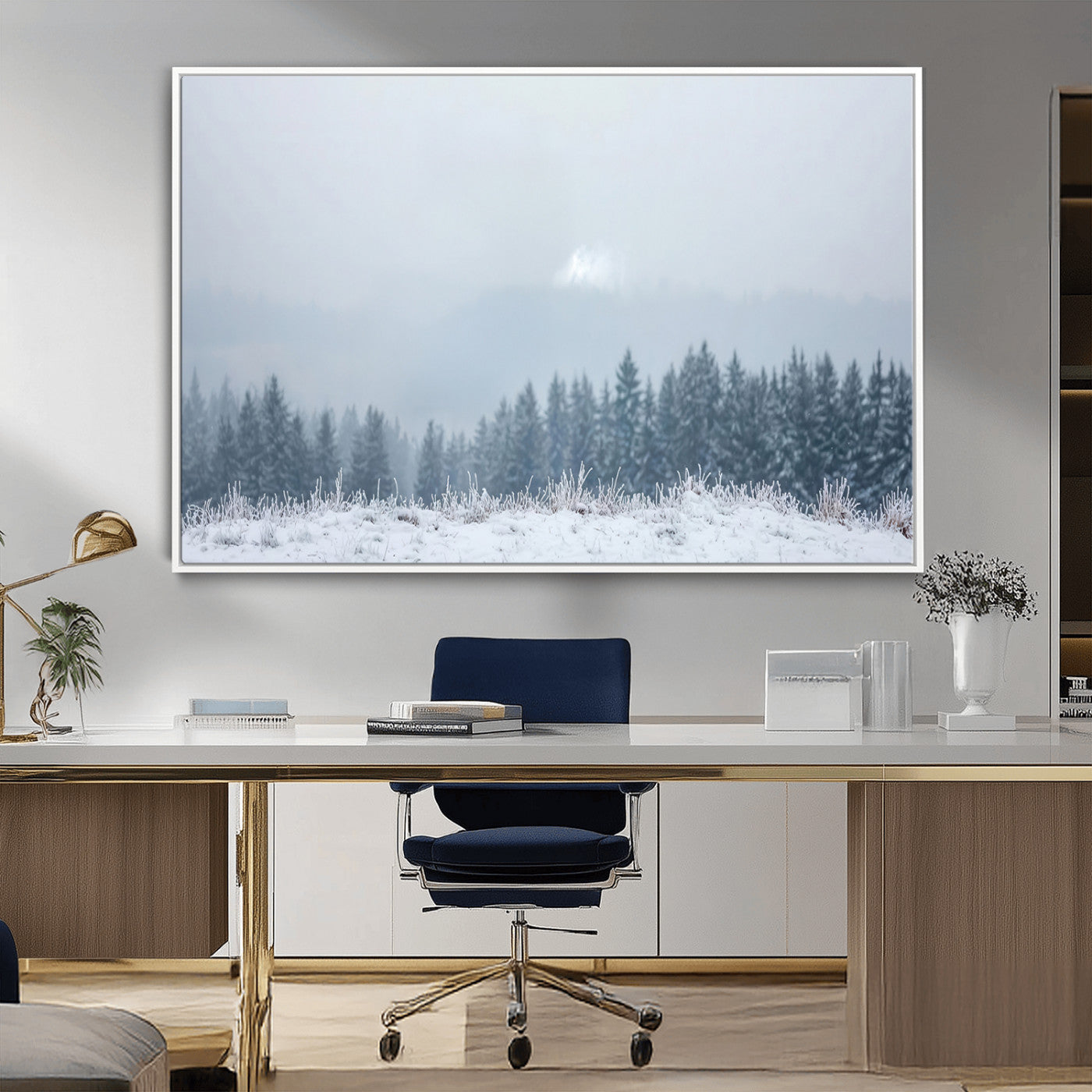 Snow-covered forest under misty sky, soft light breaking through clouds, ideal for minimalist or Nordic-inspired home decor.