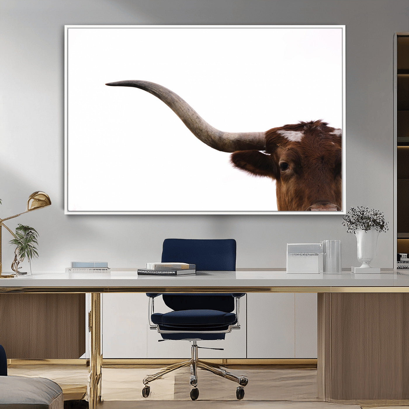 Minimal photo of longhorn cow’s face and horn on white background, ideal for rustic farmhouse or western style home wall decor.