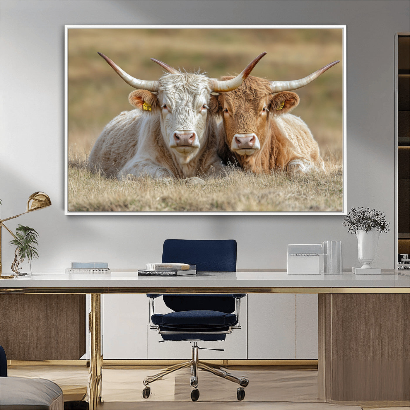 Two cows laying closely in a dry grassy field, captured in soft light, perfect for rustic farmhouse or western style home decor.