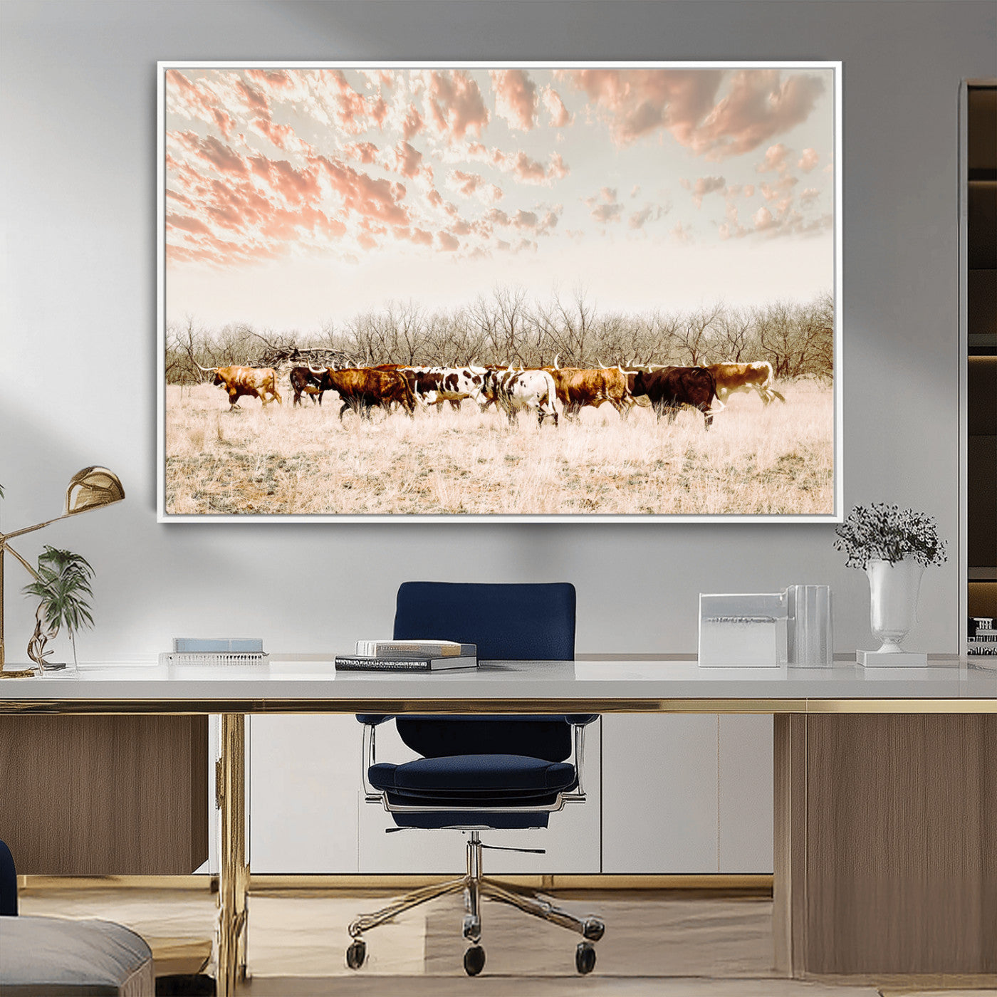 Cattle herd in a soft-toned field under a pastel pink sky, creating a peaceful rustic feel, perfect for farmhouse or western-themed spaces.