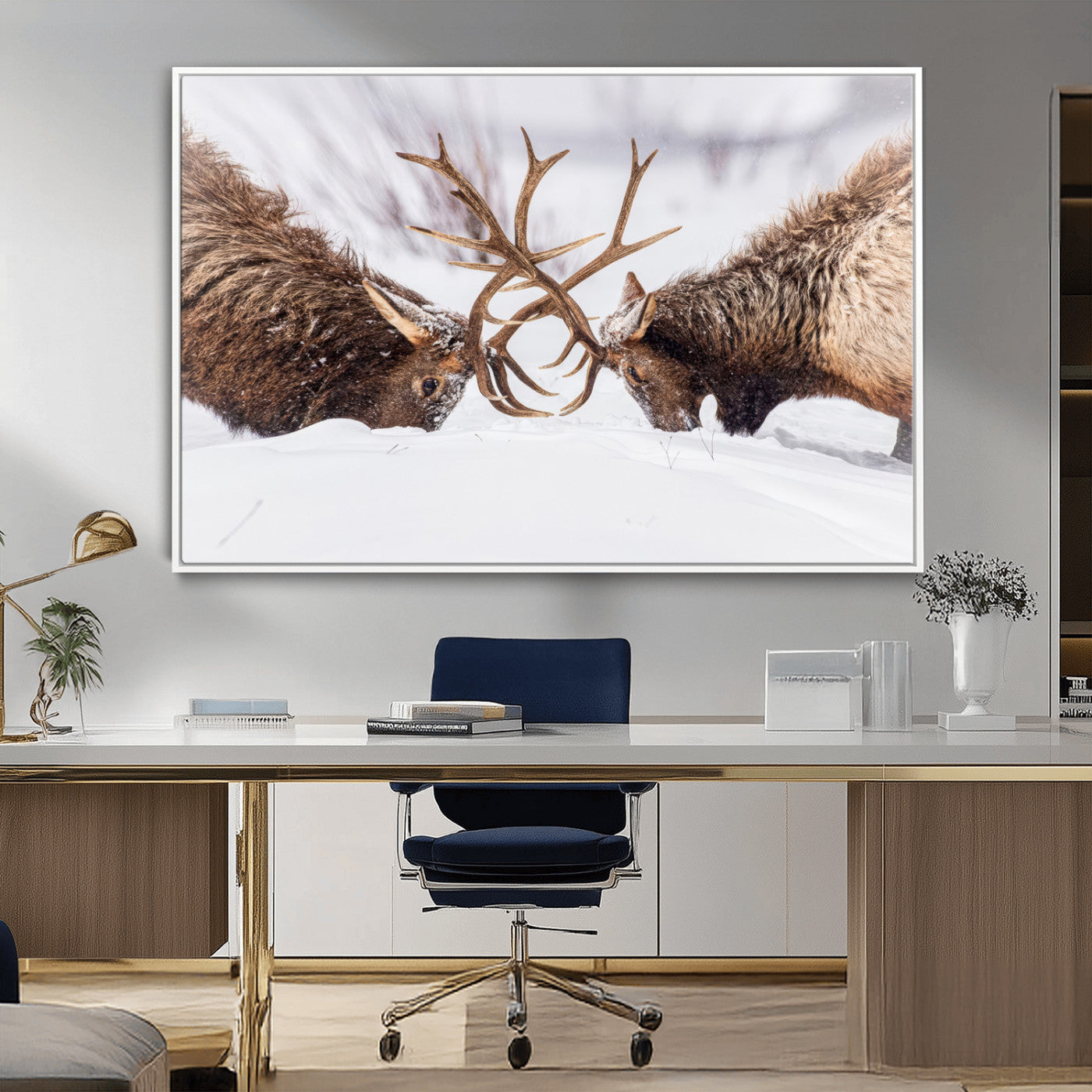 Two elk clashing antlers in a snowy forest, capturing raw power and wild energy, ideal for rustic cabin or lodge-style decor.