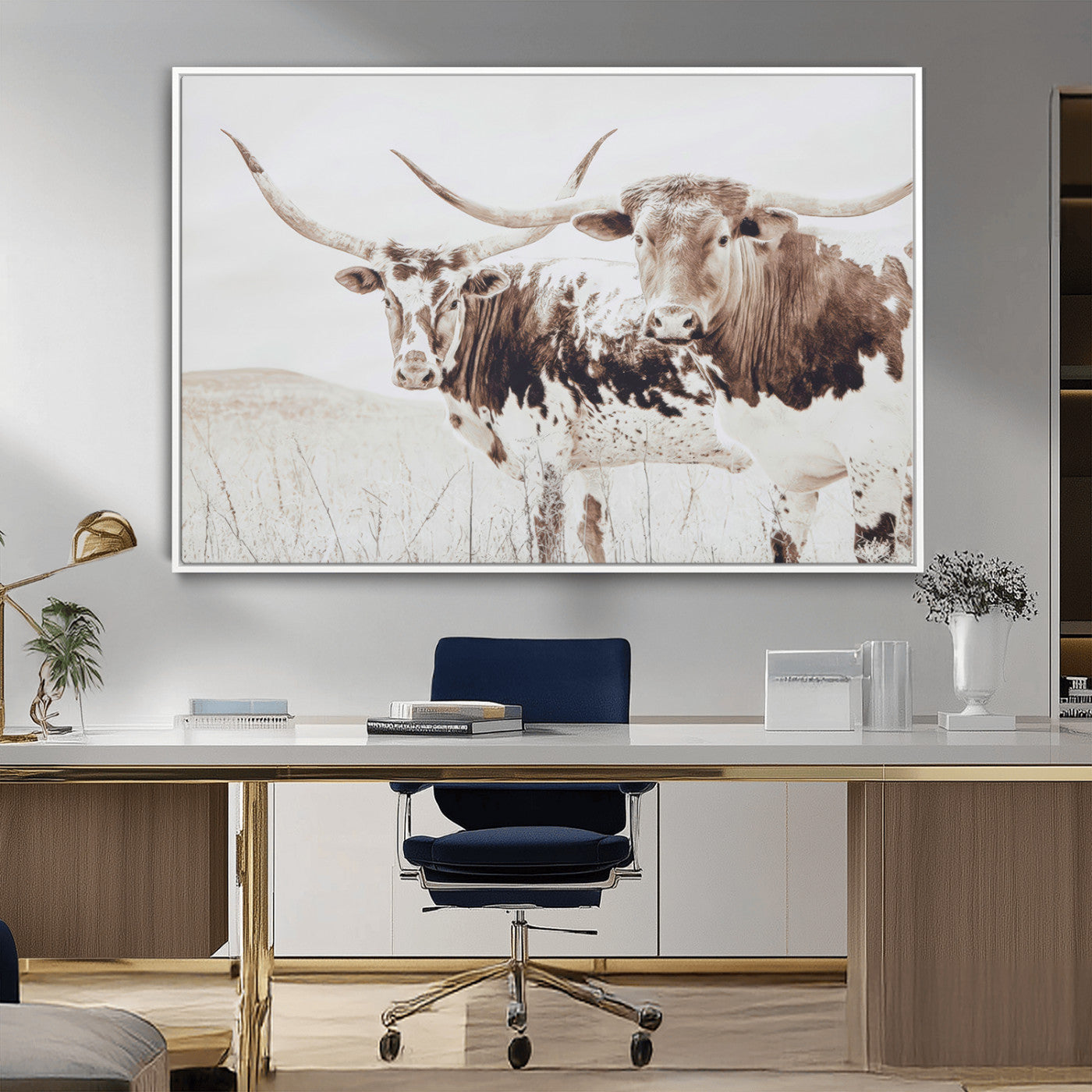 Two longhorn cows standing in a sepia-toned pasture with soft light, ideal for rustic or farmhouse-themed neutral wall decor.