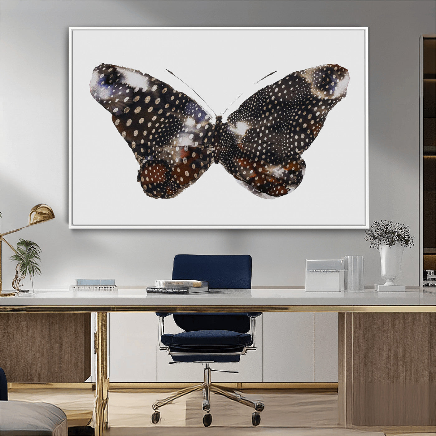 MGV-FC-36X24 - Spotted Butterfly Wall Art Canvas Print, Framed Neutral Insect Theme Art Picture Print, Earthy Wing Pattern Perfect Modern Rustic Decor Artwork