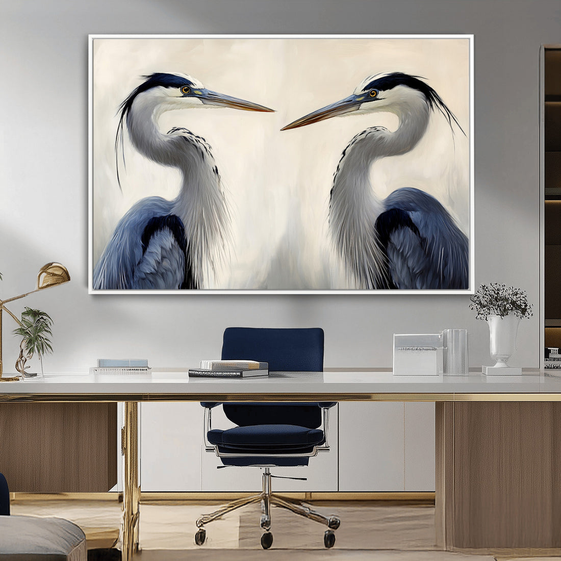 Blue Heron Pair Wall Art Canvas Print, Framed Coastal Bird Art, Tranquil Wildlife Scene
