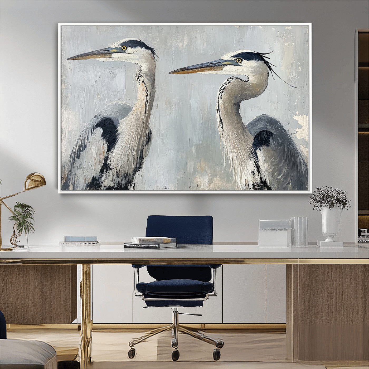 Two elegant herons in profile with soft brush strokes and blue-grey tones, ideal for serene, coastal, or minimalist interior decor.