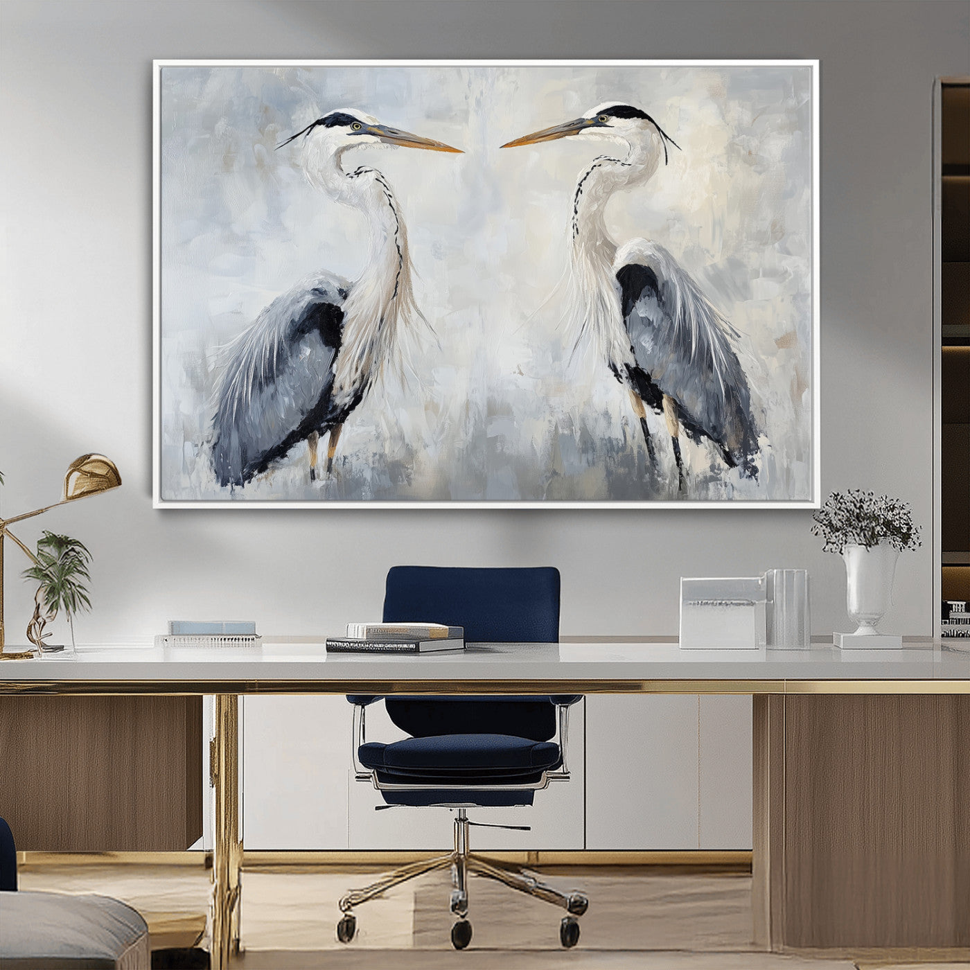 Two herons facing each other on a soft-toned background with blue-grey feathers, perfect for tranquil, coastal or nature-themed interiors.
