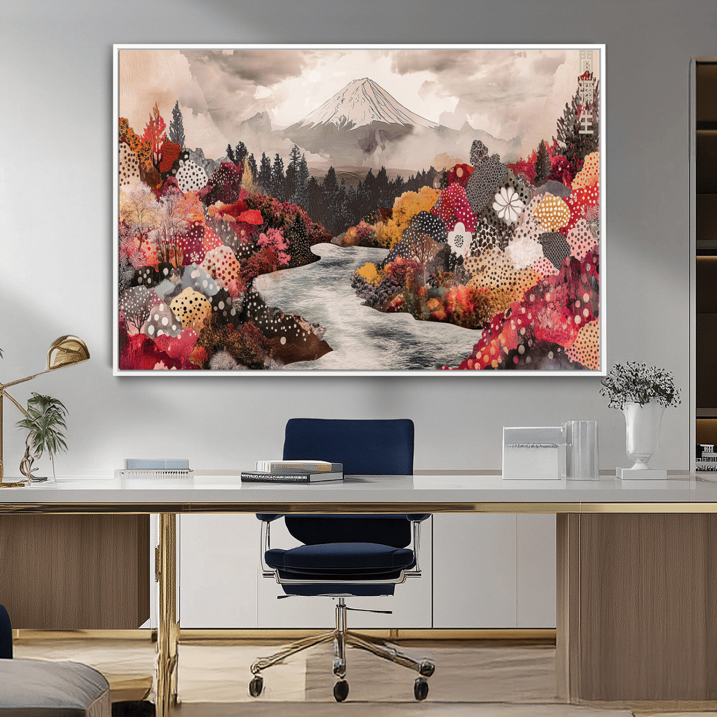 A whimsical mountain landscape with floral autumn trees, river, and misty peak, ideal for cozy, cottagecore, and nature-inspired wall decor.