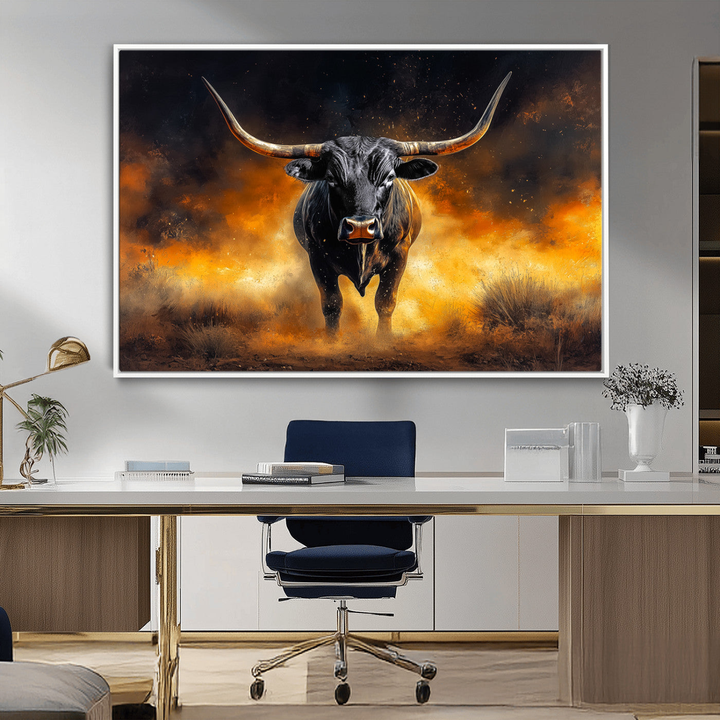 MGV-FC-36X24 - Longhorn Canvas Wall Art Canvas Print, Framed Bold Bull Wall Art Art Picture Print, Western Animal Decor Perfect Western Dramatic Decor Artwork