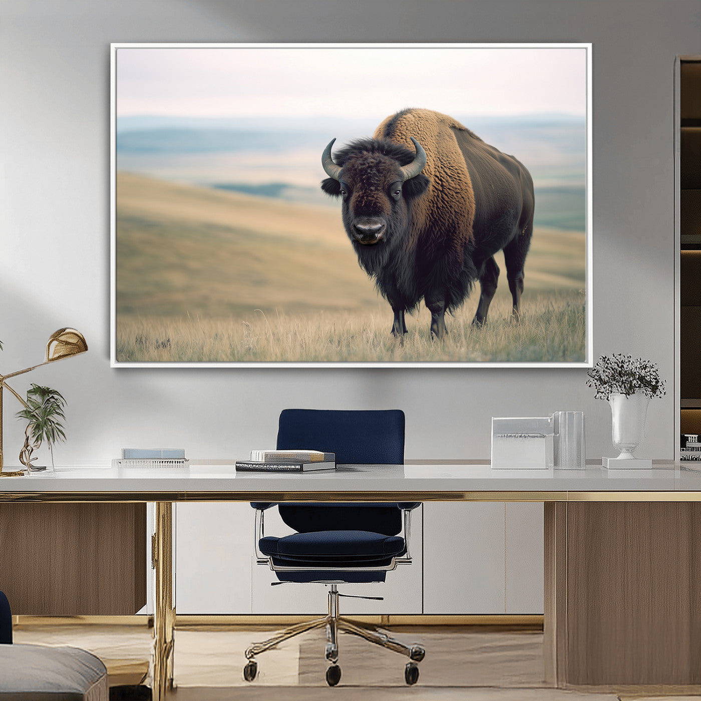 A bison standing strong on a grassy prairie with rolling hills in the background, perfect for rustic and Western-inspired wall decor.