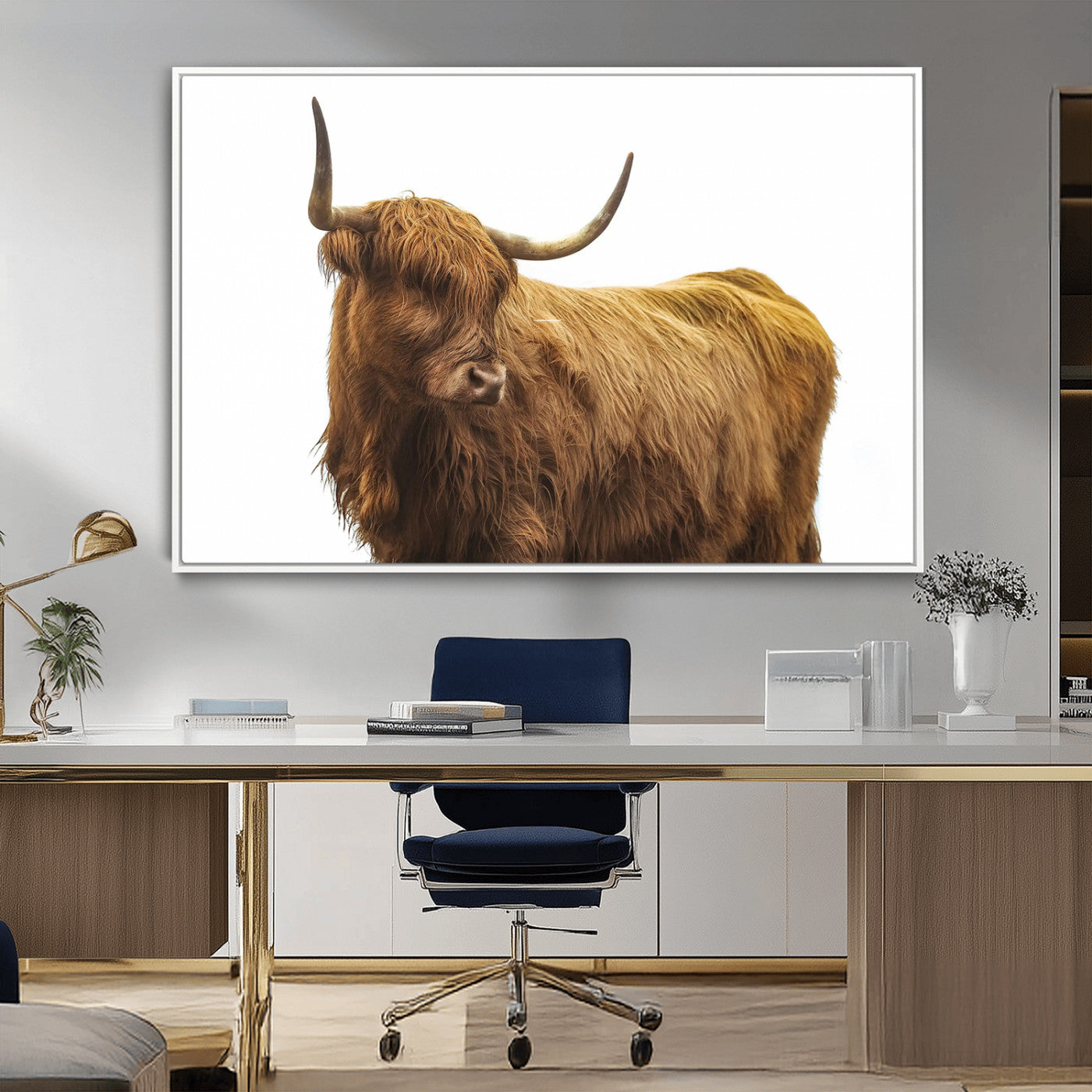 A highland cow with long horns and shaggy fur standing calmly, isolated on white background, ideal for rustic or farmhouse wall decor.