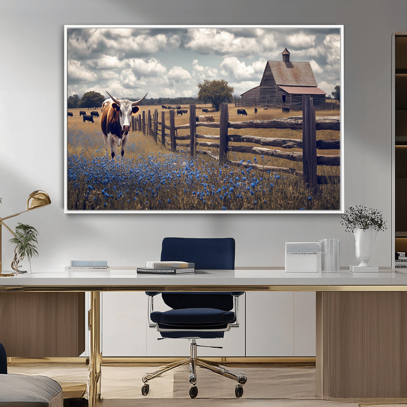 Framed canvas print of a Texas Longhorn near a rustic barn and fence, ideal for farmhouse or western-style home wall decor.
