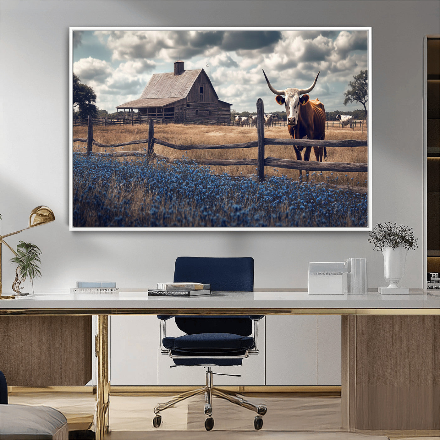 Framed canvas art of a Texas Longhorn cow near a rustic barn and bluebonnet field, ideal for country-style or farmhouse wall decor.