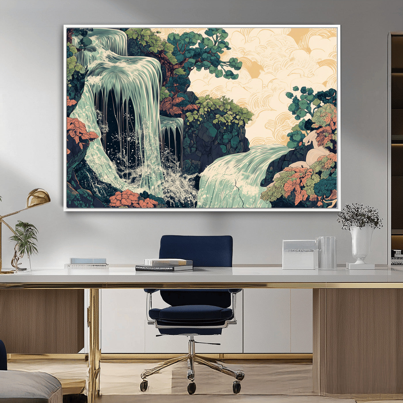 Stylized waterfall flowing through rocky terrain and lush foliage in an oriental art style, ideal for peaceful and nature-themed interiors.