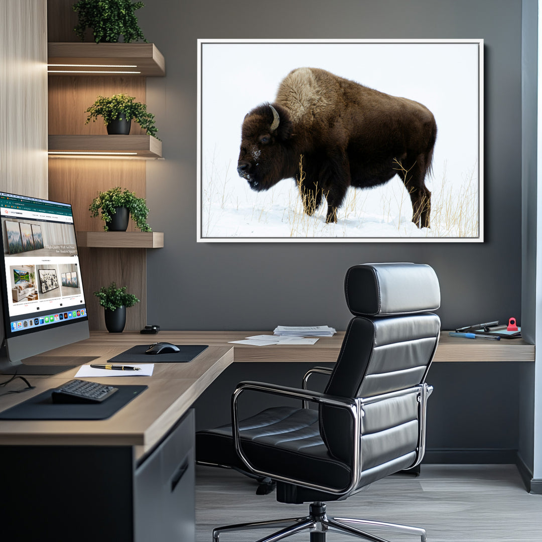 Bison Photography Wall Art Canvas Print, Framed Western Wildlife Art Picture Print, Buffalo On Snow Perfect Western Decor Artwork