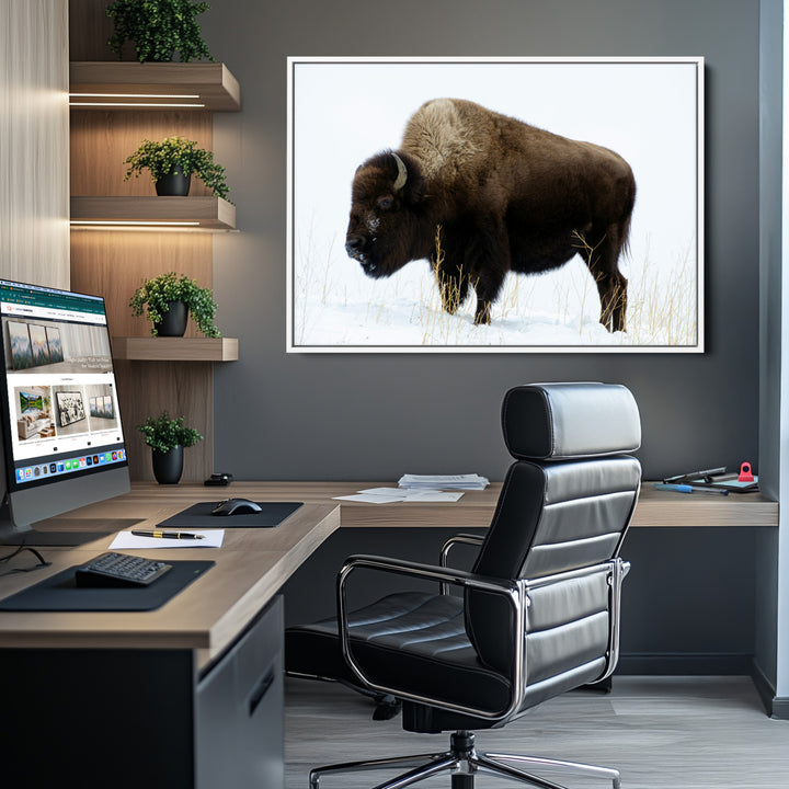 Bison Photography Wall Art Canvas Print, Framed Western Wildlife Art Picture Print, Buffalo On Snow Perfect Western Decor Artwork