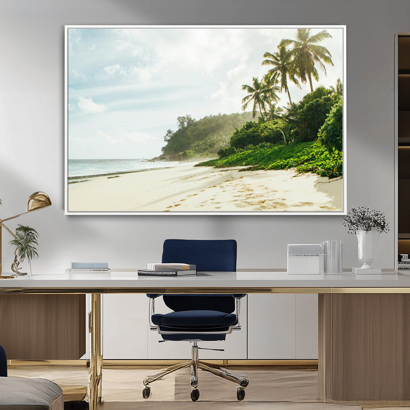 A tropical beach with palm trees, soft sand, and ocean waves under a bright sky, creating a peaceful and relaxing coastal view.