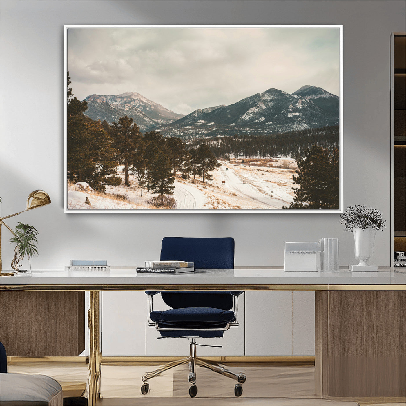 Snow-covered mountains with pine trees and a winding path, creating a serene and rustic winter landscape perfect for cozy decor.