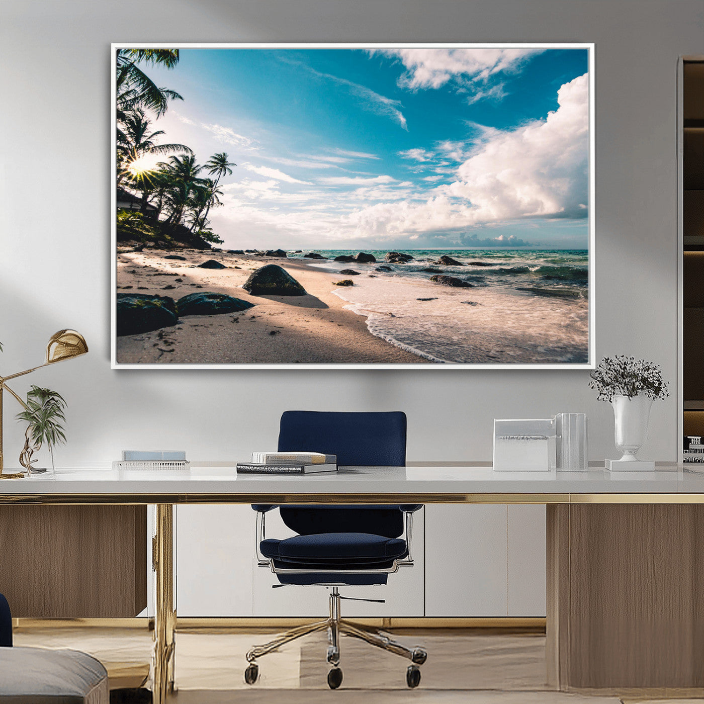 Scenic tropical beach with palm trees, ocean waves, and rocky shoreline under a bright blue sky, creating a serene coastal vibe.