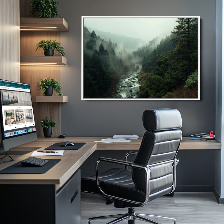 Misty Forest Wall Art Canvas Print, Framed Foggy River Art Picture Print, Moody Landscape Perfect Wilderness Decor Artwork