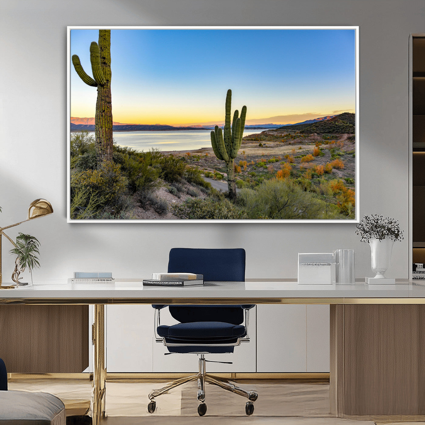 Desert landscape with saguaro cacti and lake at sunset, featuring vibrant sky and hills, ideal for Southwestern or rustic wall decor.