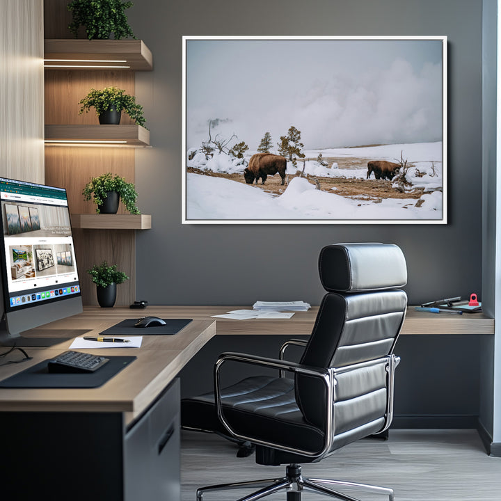 Bison Wildlife Wall Art Canvas Print, Framed Snowy Prairie Art Picture Print, Western Perfect Rustic Decor Artwork
