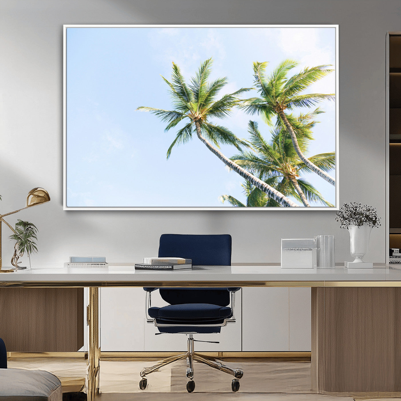 Tall palm trees swaying under a bright blue sky, capturing a tropical and minimalist beach vibe, perfect for coastal-inspired wall art.