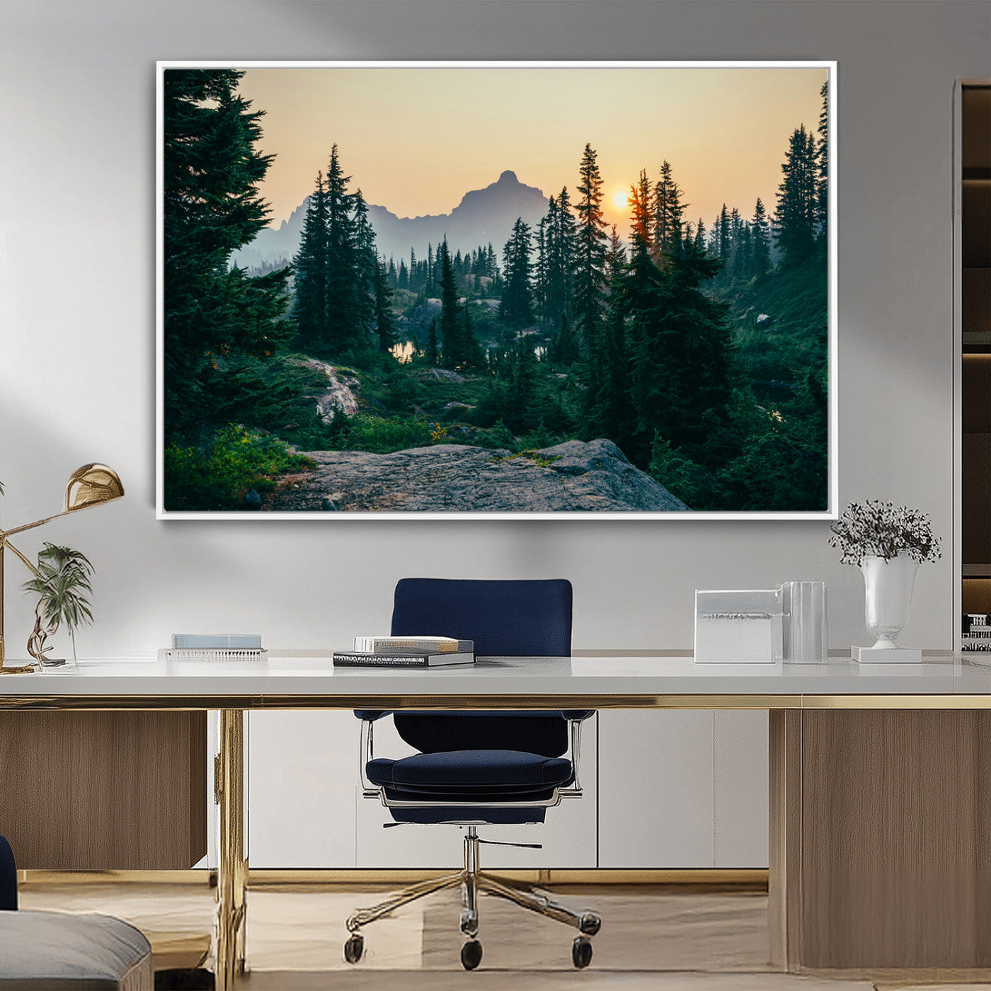 Mountain landscape with evergreen trees at sunset, casting a golden glow over the wilderness, creating a peaceful and rustic nature scene.