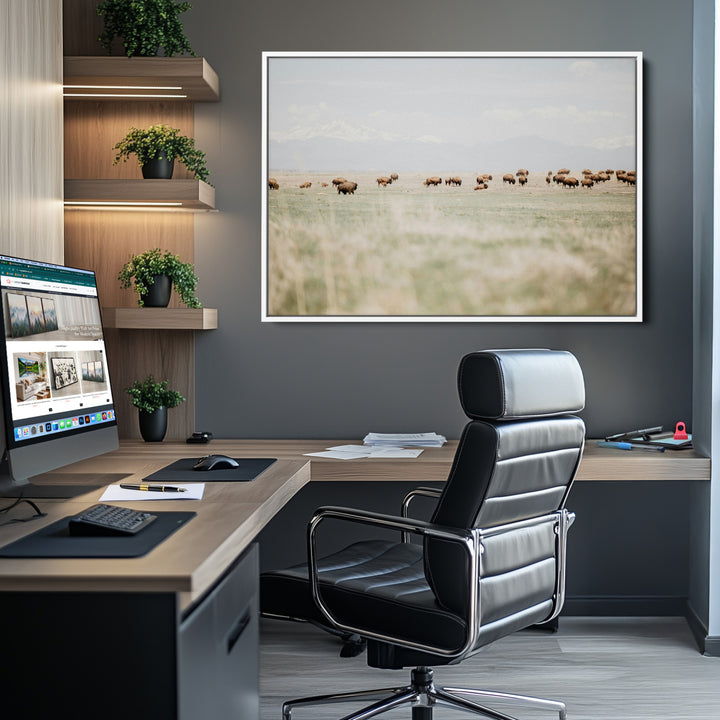 Bison Herd Wall Art Canvas Print, Framed Western Art Picture Print, Bison Perfect Ranch Decor Artwork