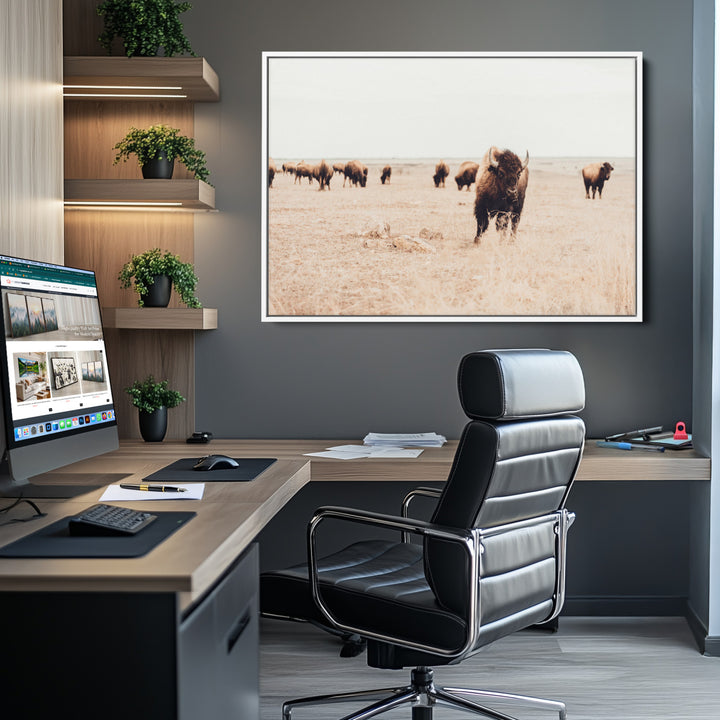 Bison Herd Wall Art Canvas Print, Framed Western Art Picture Print, Prairie Serenity Perfect Ranch Decor Artwork