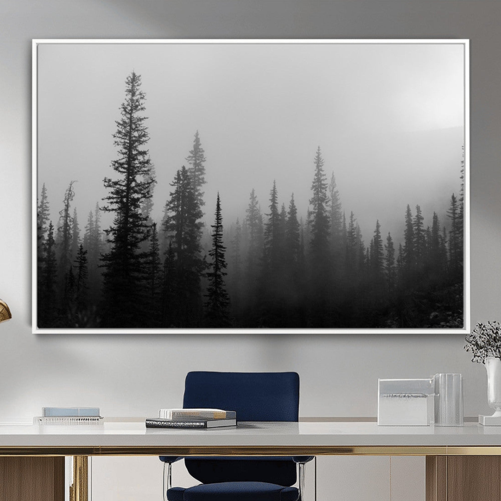 Black and white foggy forest with tall pine trees fading into mist, creating a moody and tranquil atmosphere, ideal for minimalist wall art.