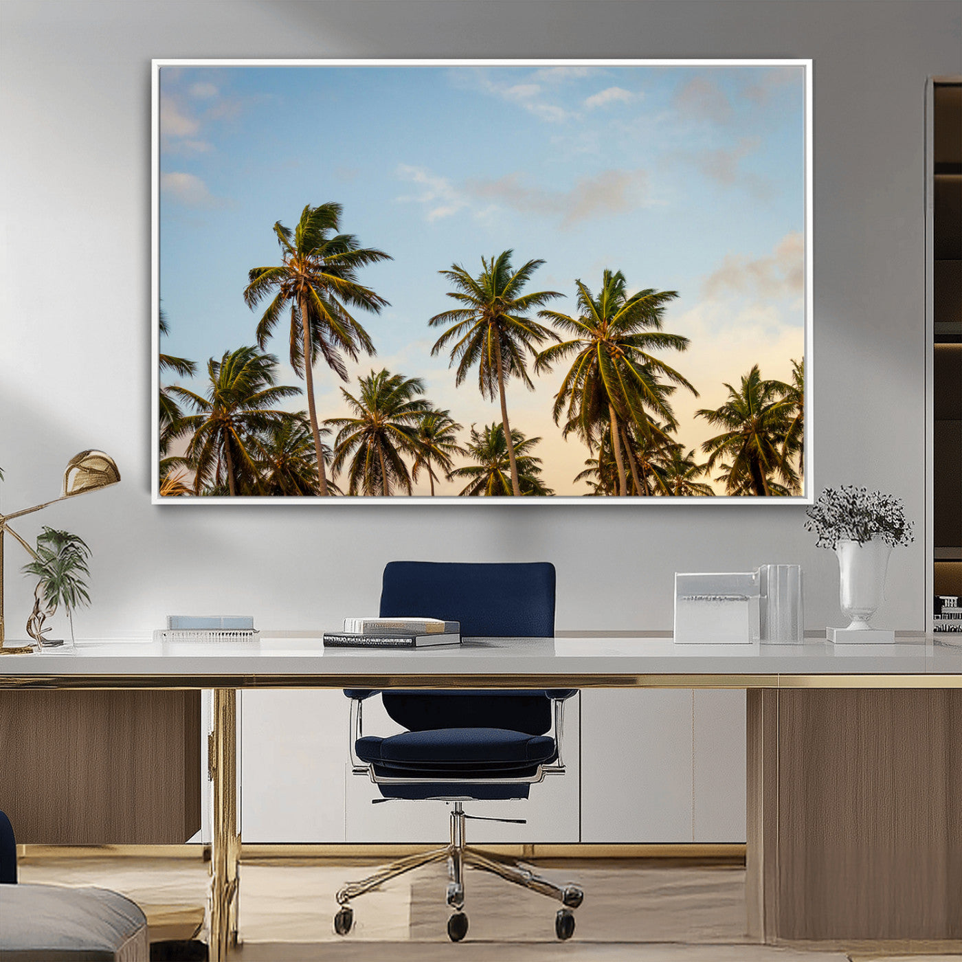 Tall palm trees swaying under a soft sunset sky, creating a tropical and relaxing atmosphere, perfect for coastal and beach-inspired wall art.