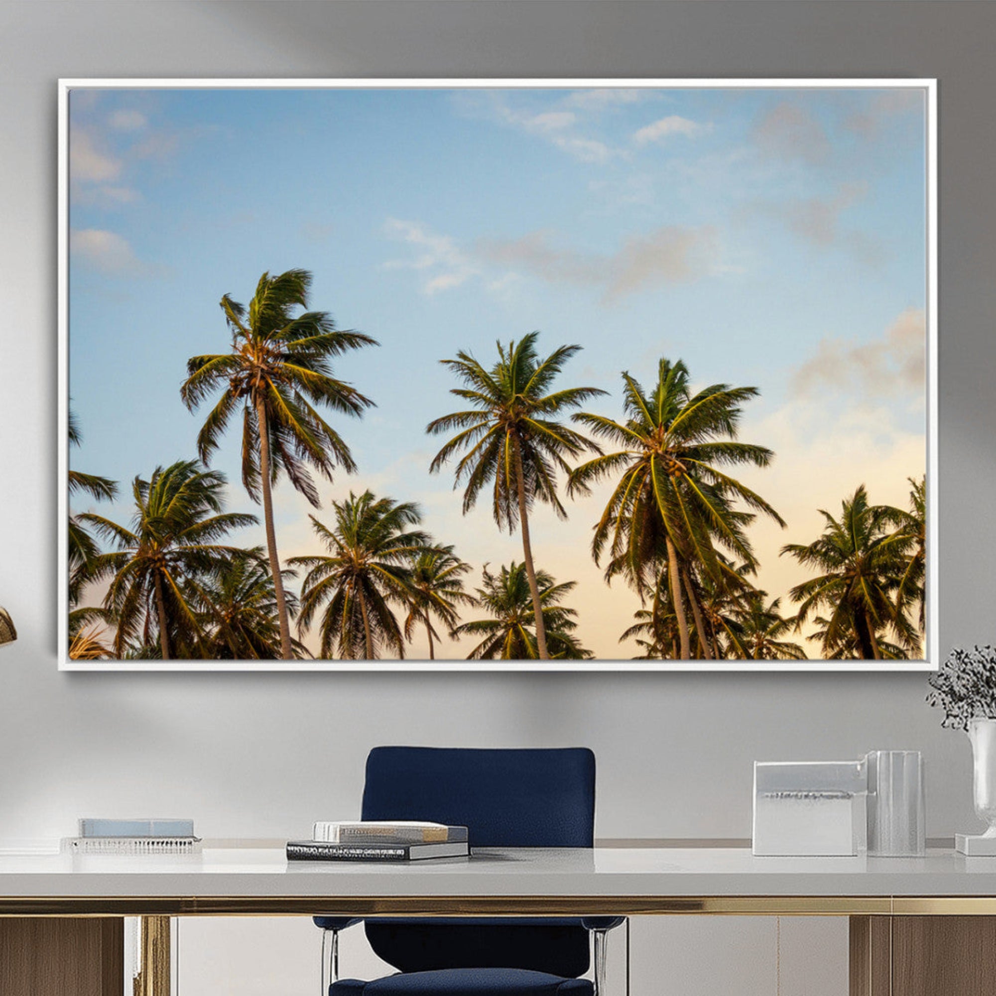 Tall palm trees swaying under a soft sunset sky, creating a tropical and relaxing atmosphere, perfect for coastal and beach-inspired wall art.