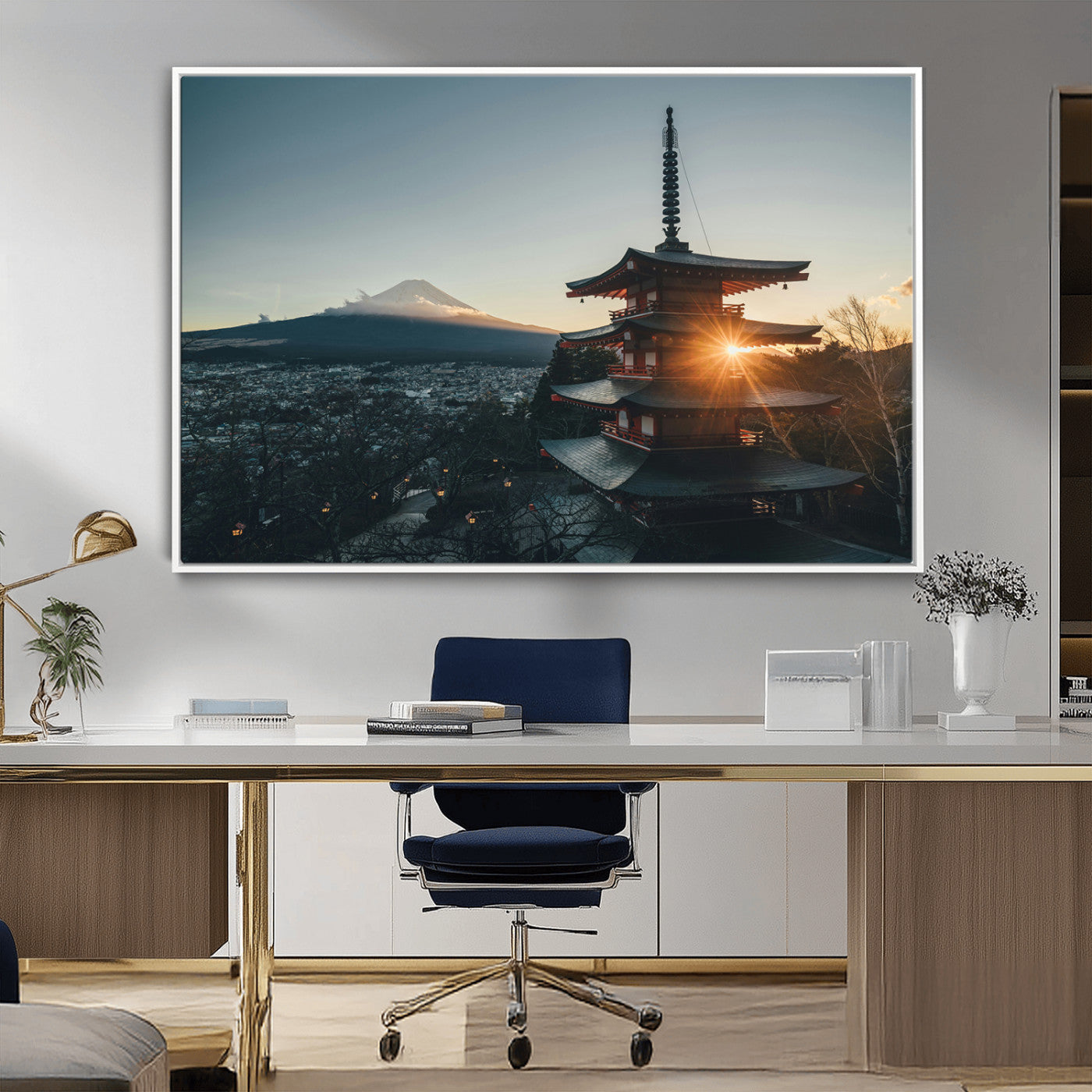 Chureito Pagoda at sunset with Mount Fuji in the background, city lights below, and golden sun rays, ideal for Japanese-inspired wall art.