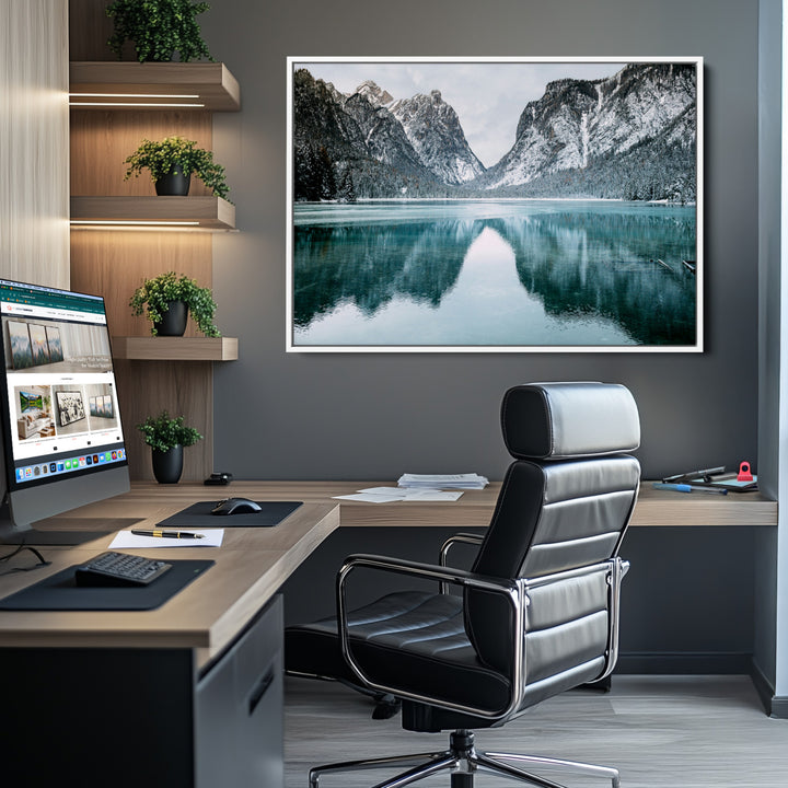Mountain Lake Wall Art Canvas Print, Framed Winter Wonderland Art Picture Print, Snowy Peaks Perfect Modern Nature Decor Artwork