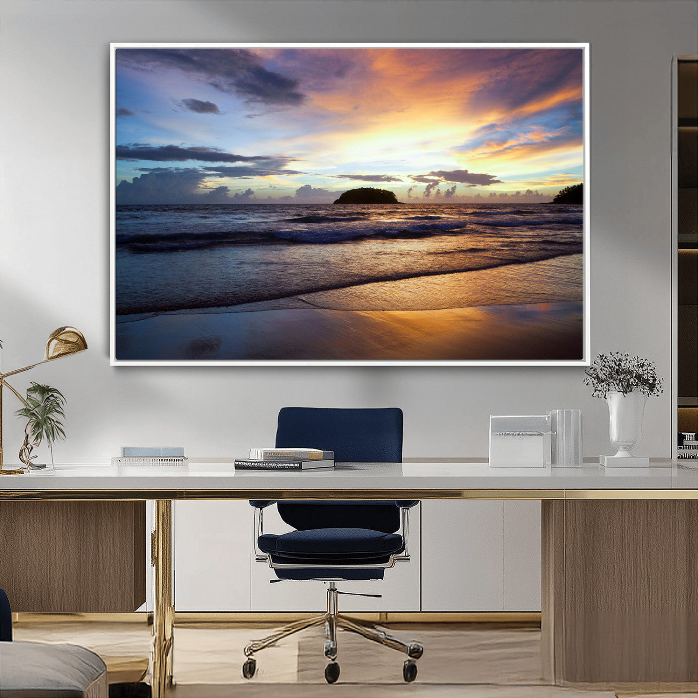 A tropical beach at sunset with waves gently washing ashore, reflecting golden and purple hues in the sky, creating a tranquil coastal scene.