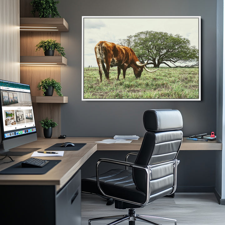Texas Longhorn Wall Art Canvas Print, Framed Rustic Ranch Art Picture Print, Western Cattle Perfect Rustic Farmhouse Decor Artwork