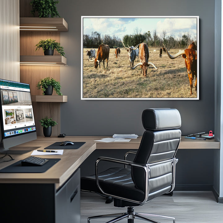 Texas Longhorns Wall Art Canvas Print, Framed Rustic Farm Scene Art Picture Print, Western Cattle Print Canvas Perfect Rustic Farmhouse