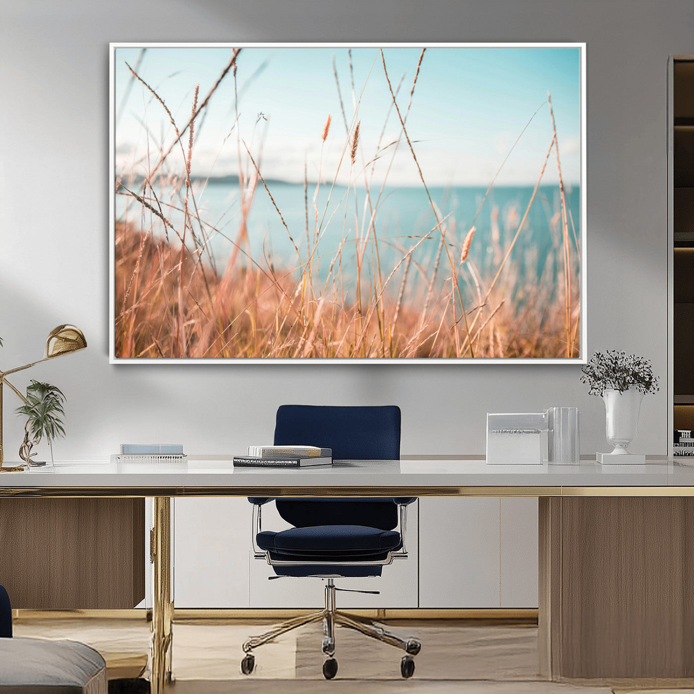 36108696-MGV-CV-36X24-Golden Beach Grass Ocean Breeze Soft Focus Tranquil Coastal Calm Blue Sky Seascape Nature Wall Art Canvas Print