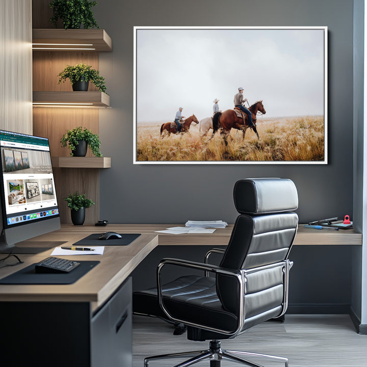 Western Cowboys Wall Art Canvas Print, Framed Rustic Prairie Art Picture Print, Horseback Riding Print Canvas, Perfect Rustic Western Decor