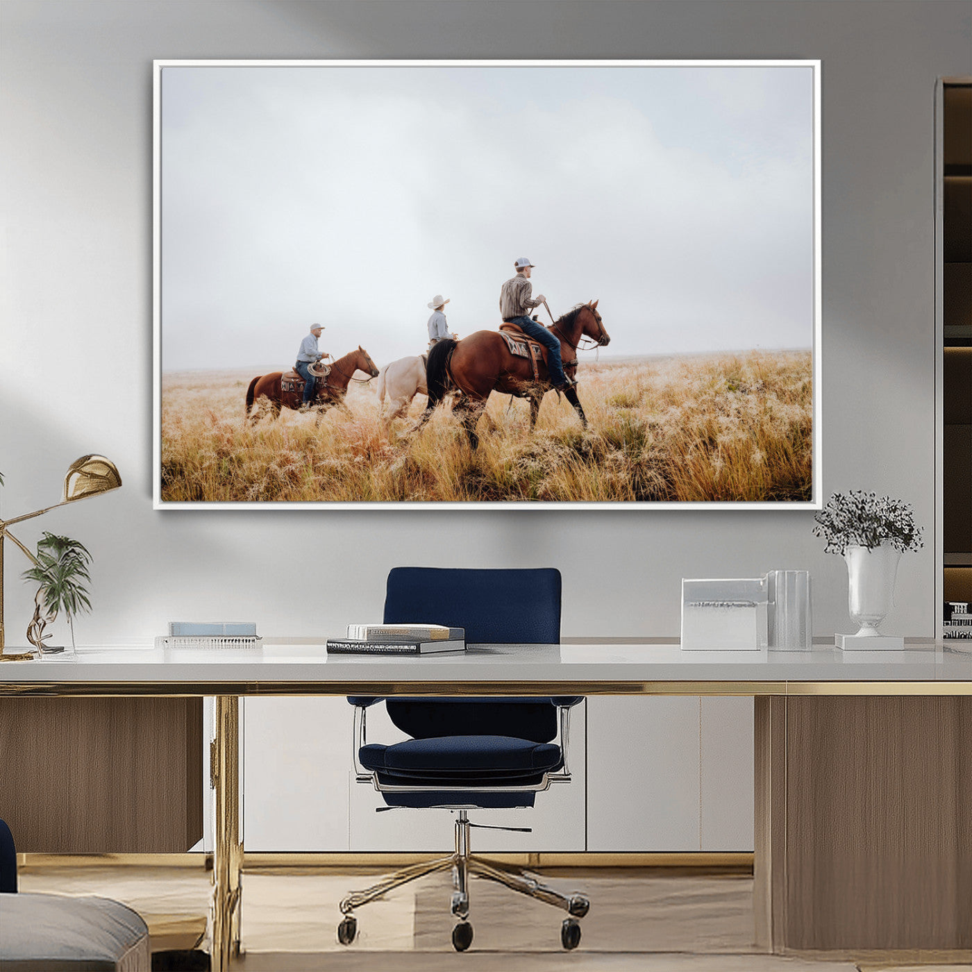 Three cowboys riding horses through a foggy prairie landscape, dressed in Western attire, evoking a rustic and adventurous Wild West aesthetic.