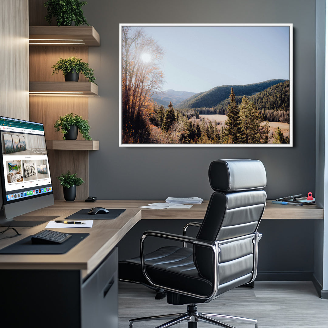 Rustic Landscape Wall Art Canvas Print, Framed Serene Valley Art Picture Print, Pine Tree Horizon Perfect Rustic Cabin Decor Artwork