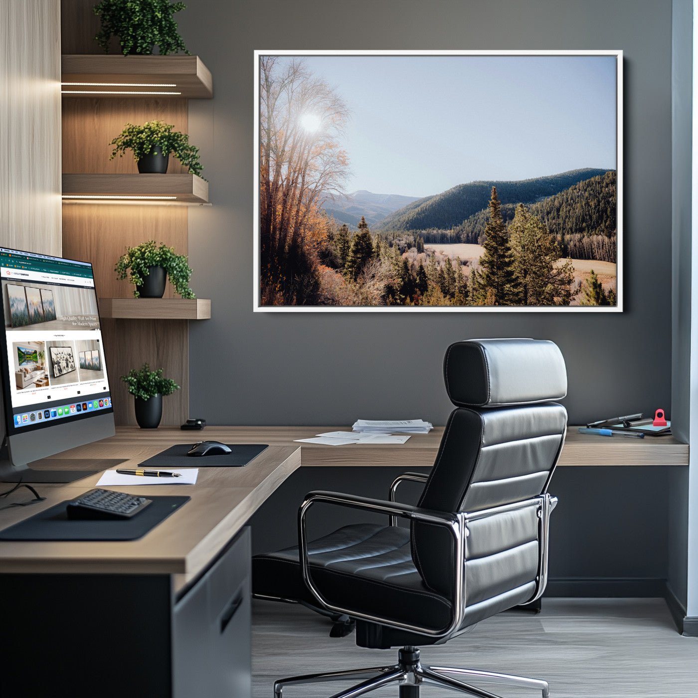Rustic Landscape Wall Art Canvas Print, Framed Serene Valley Art Picture Print, Pine Tree Horizon Perfect Rustic Cabin Decor Artwork